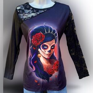 EIFIN Dia De Muetos/Day of the Dead/Sugar Skull Long Sleeve Top w/lace - NWOT